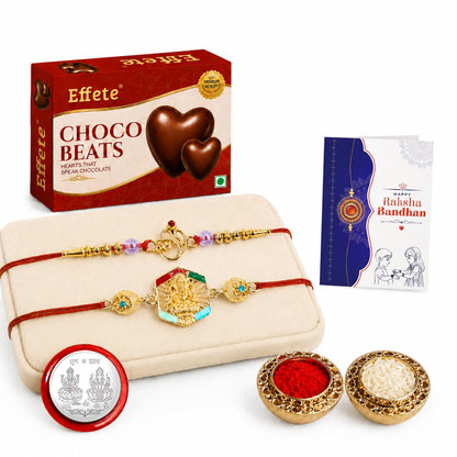 Om Rakhi for Brother with Chocolate Beats 32gm, Roli Tikka & Card | Pack of 6