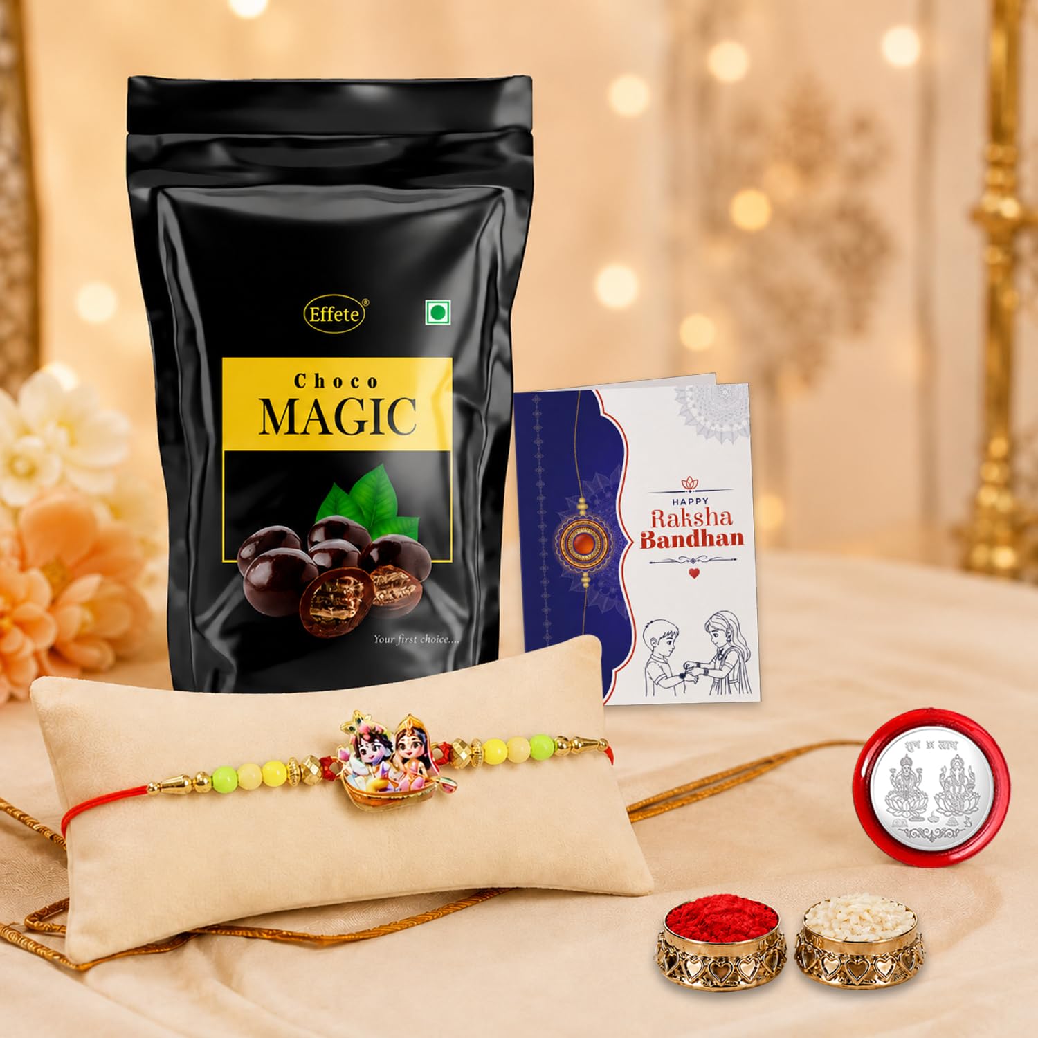 Radhe Krishna Rakhi Combo - Raksha Bandhan Gift with Choco Magic Standy Pouch, Pack of 5
