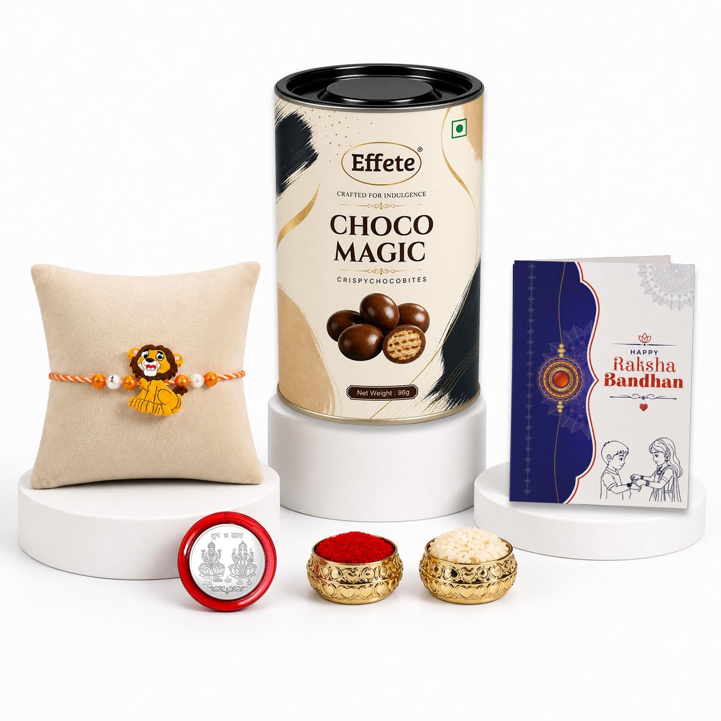 Lion Rakhi for Brother with Chocolate Magic 96gm, Roli Chawal & Card, Pack of 5