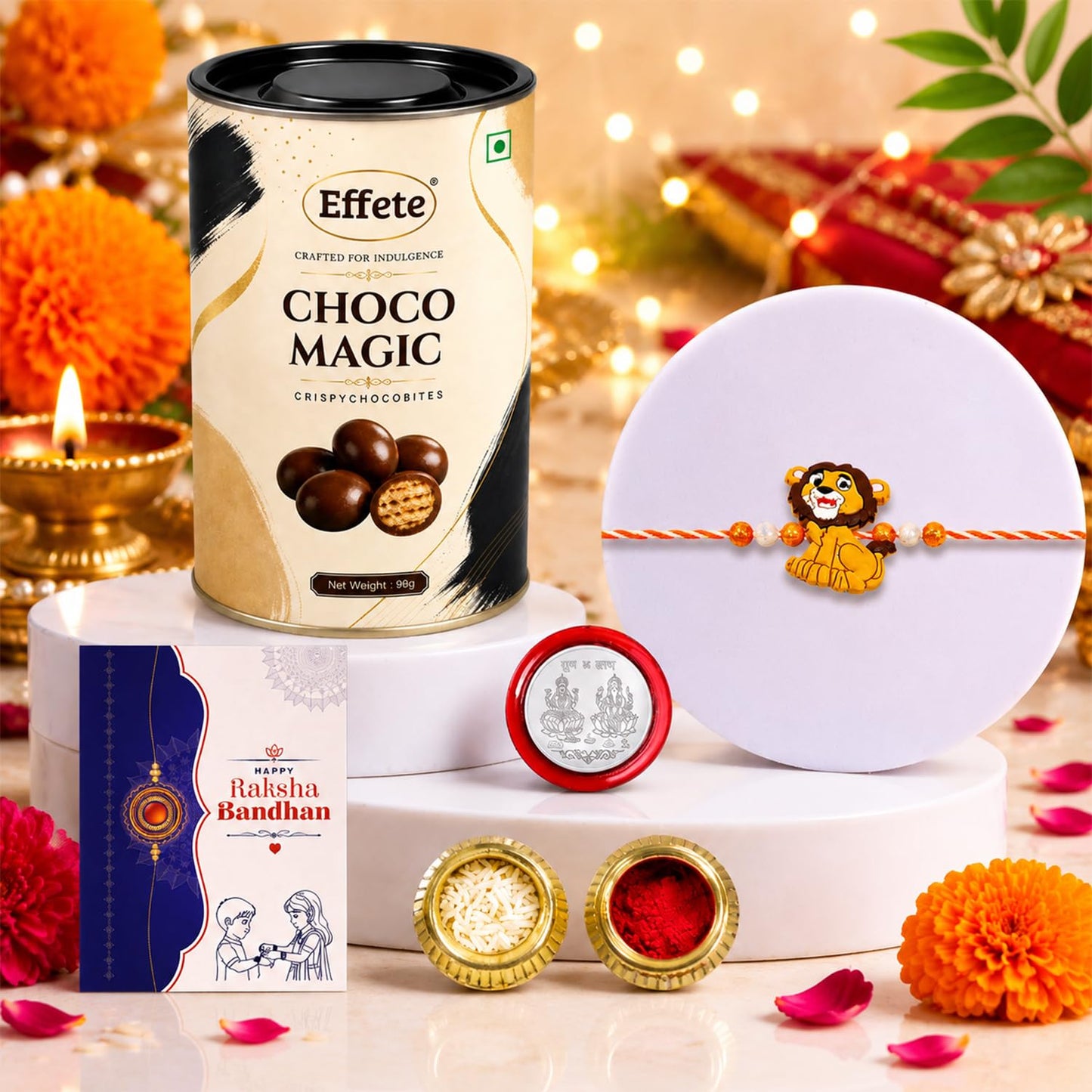 Lion Rakhi for Brother with Chocolate Magic 96gm, Roli Chawal & Card, Pack of 5