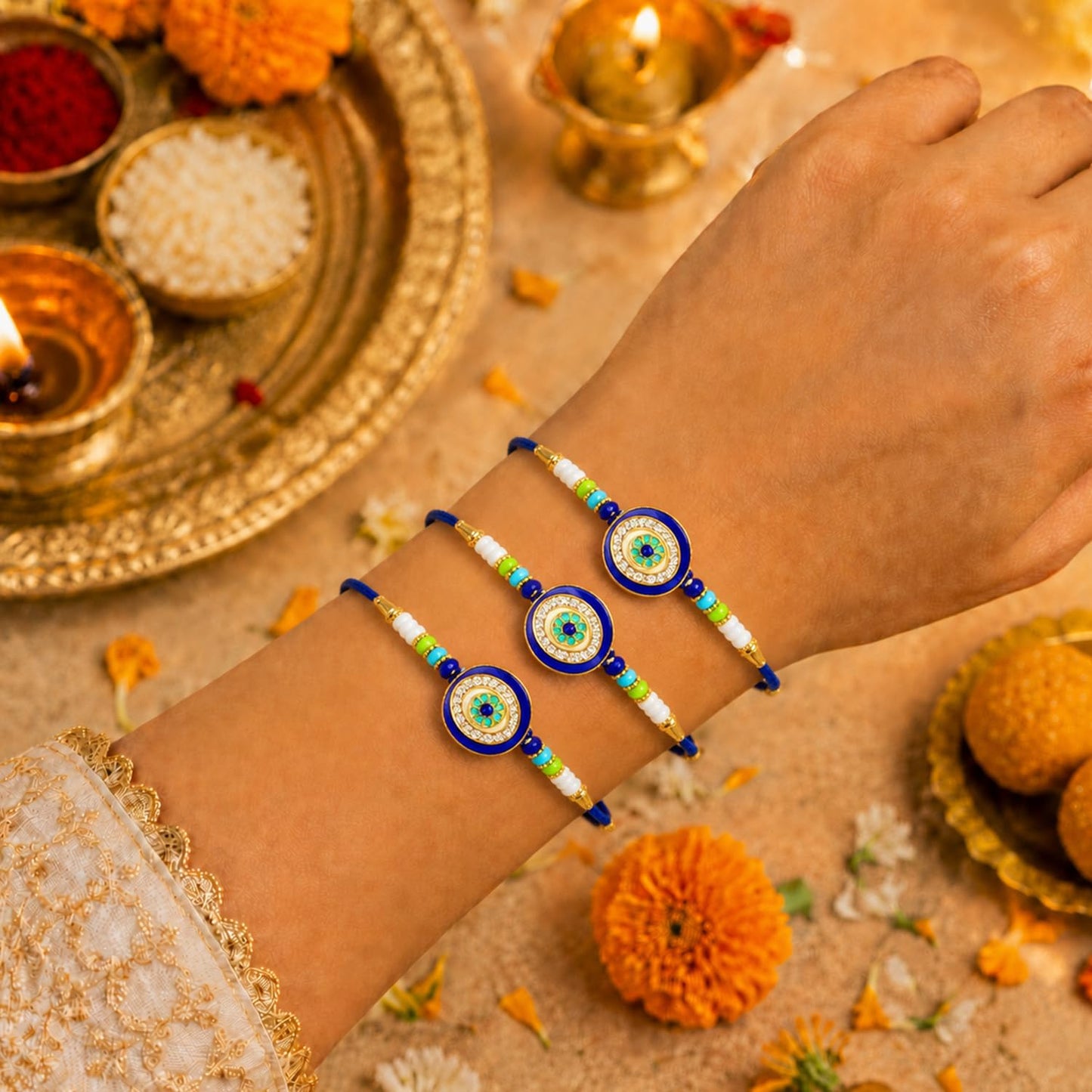 Designer Handcrafted Multicolor Rakhi for Brother with Roli Tikka, Pack of 3