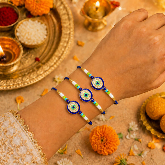Designer Handcrafted Multicolor Rakhi for Brother with Roli Tikka, Pack of 3