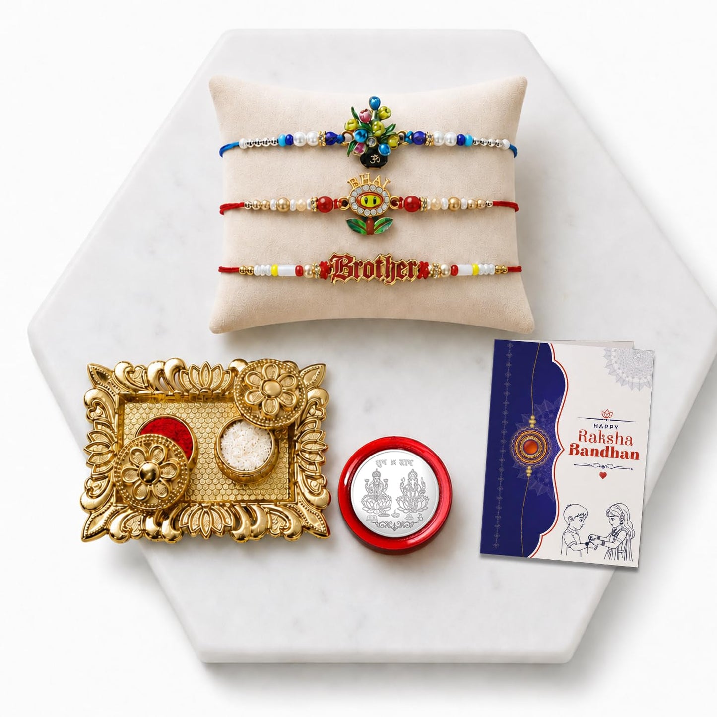Flower Pot Rakhi for Brother with Pooja Thali, Roli Tikka & Card, Pack of 7