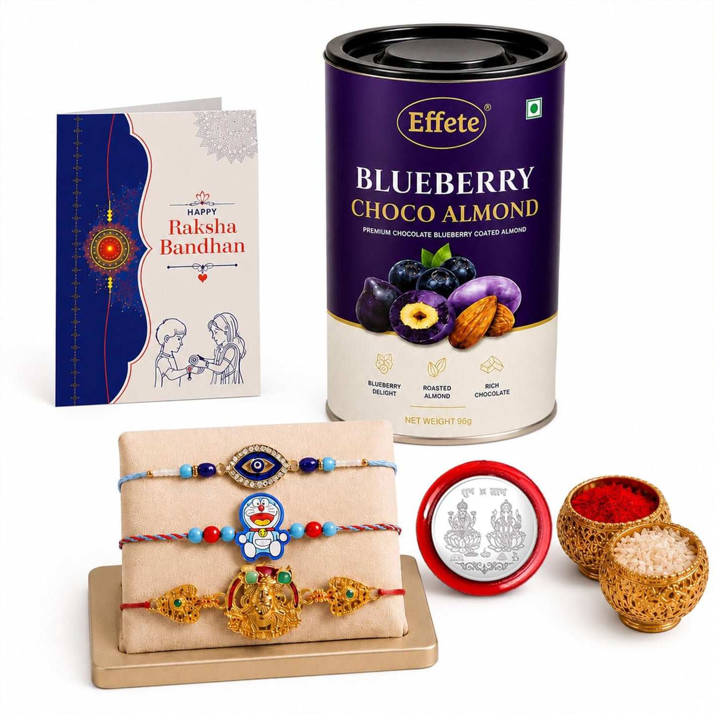 Evil Eye Rakhi for Brother with Blueberry Almond 96gm, Coin & Card, Pack of 7