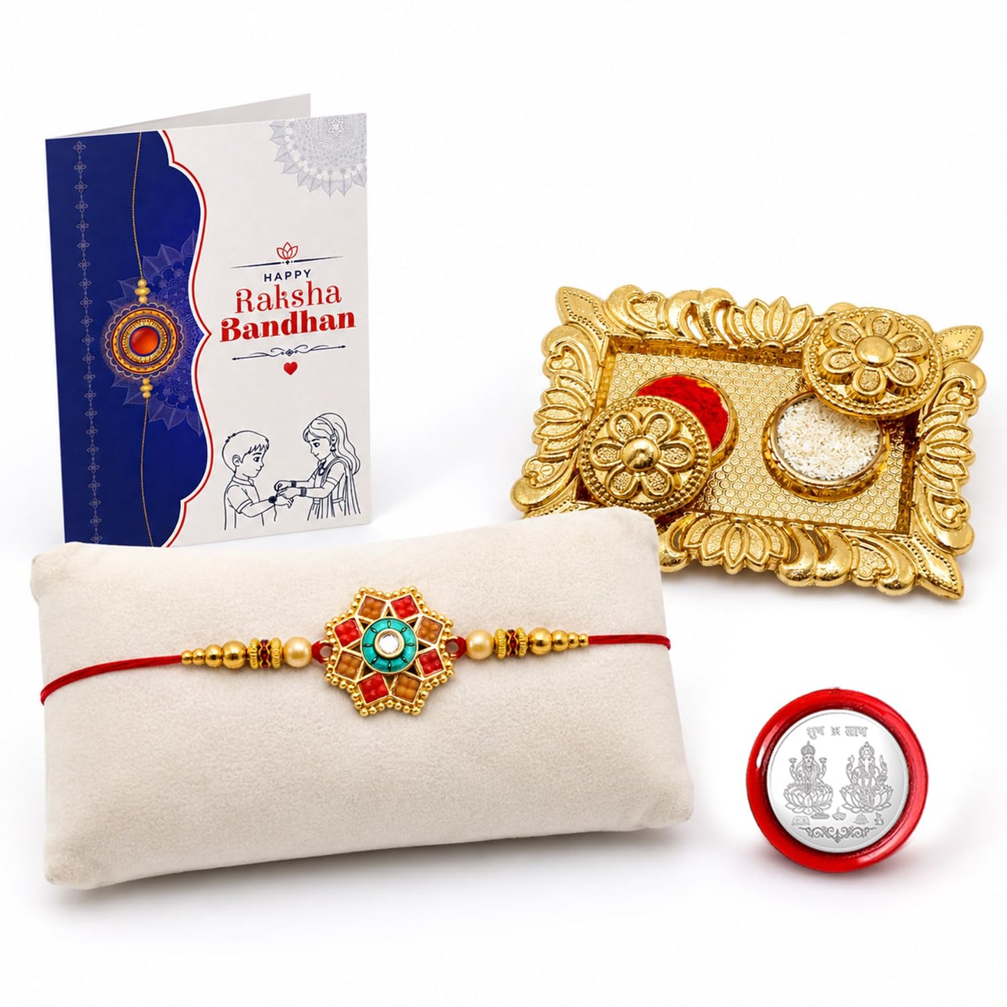 Flower Rakhi for Brother with Pooja Thali, Roli Tikka & Greeting Card | Pack of 5