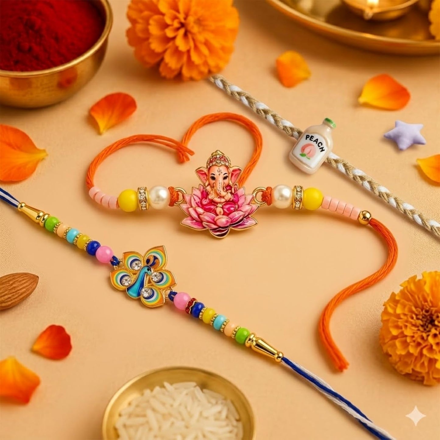 Peacock Rakhi for Brother with Choco Beats 32gm, Roli Tikka & Card | Pack of 7