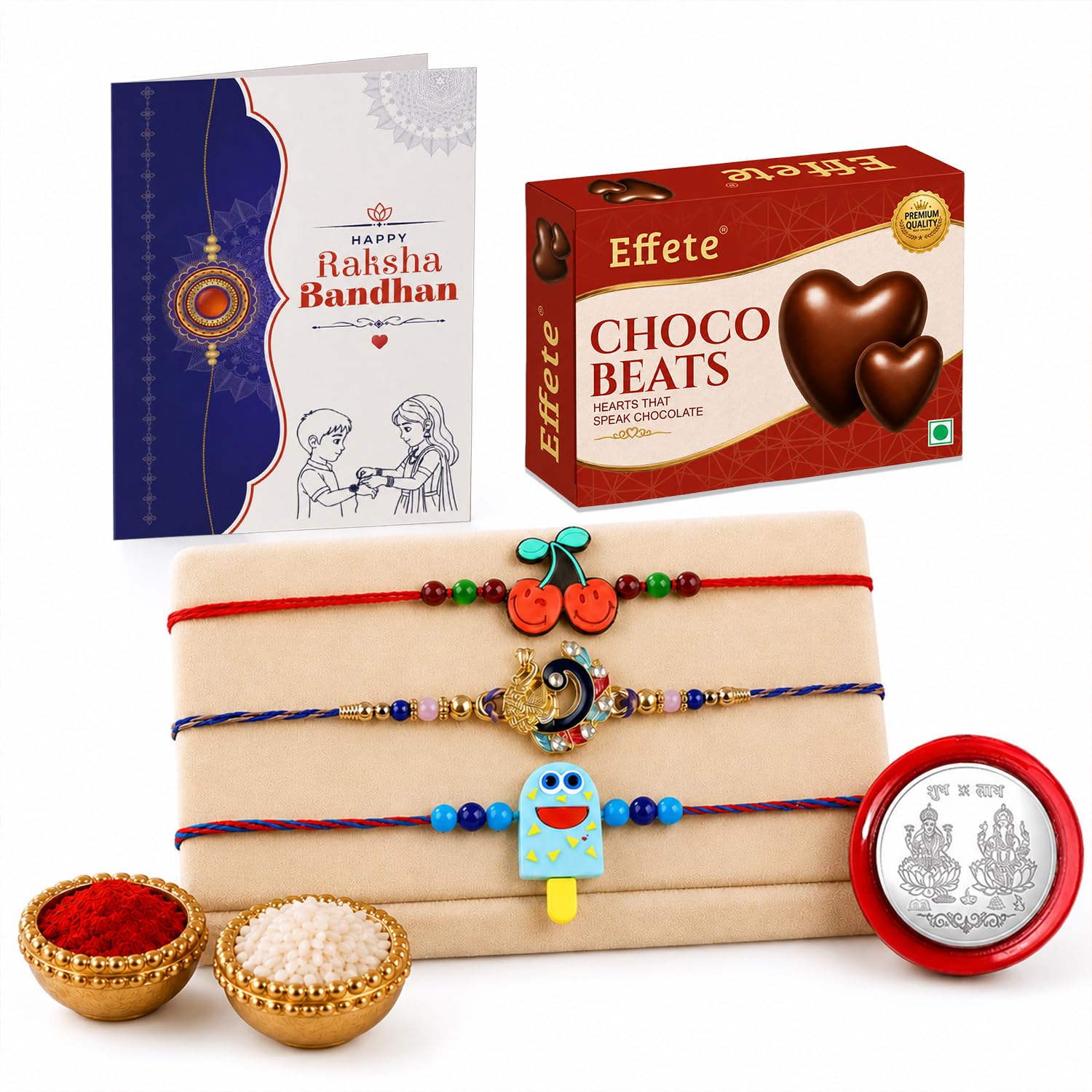 Cherry Rakhi for Brother with Chocolate Beats 32gm, Roli Tikka & Card, Pack of 7