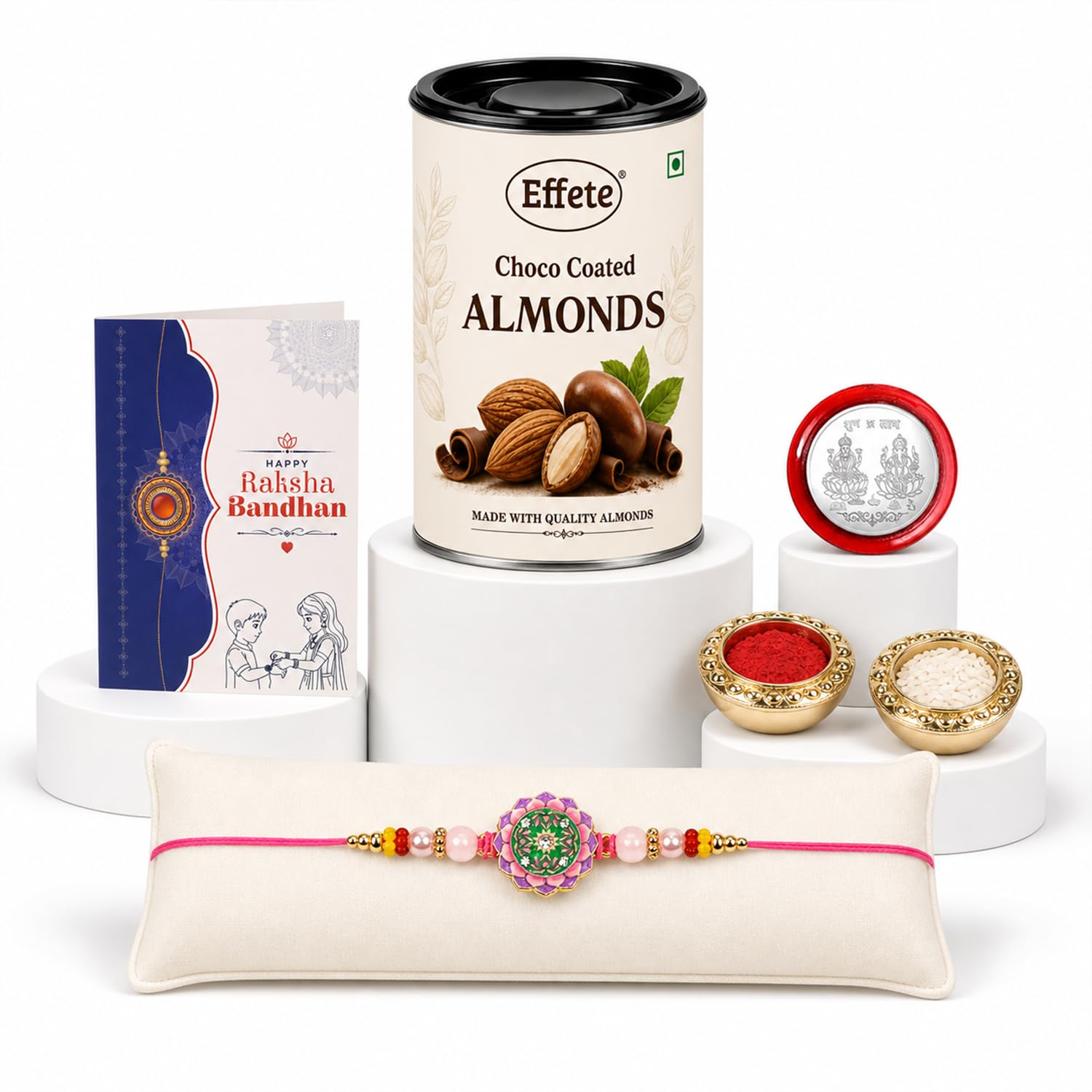 Round Floral Lotus Rakhi for Brother with Chocolate Almonds 96gm, Pack of 5