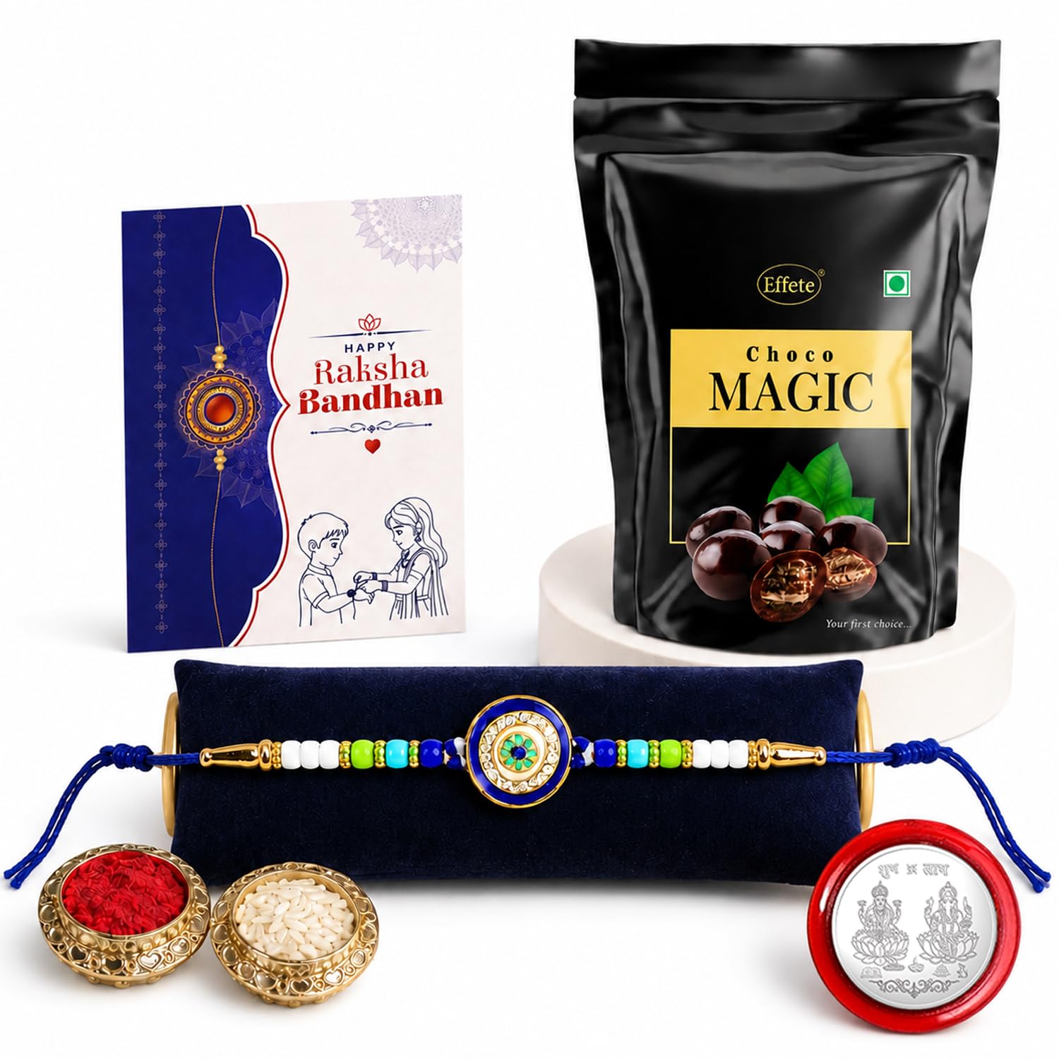 Evil Eye Rakhi for Brother with Choco Magic Pouch, Roli Tikka & Card | Pack of 5
