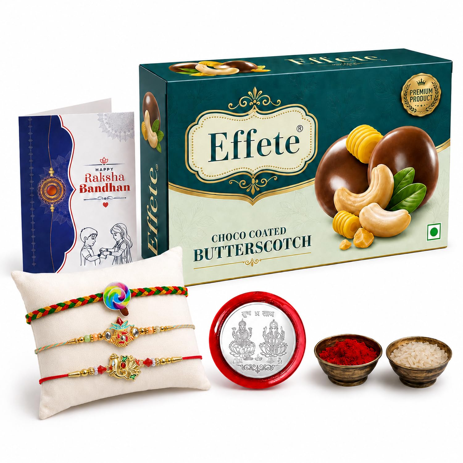 Rakhi with Chocolate for Brother (Set of 7), Raksha Bandhan Festival Celebration Combo with Lolipop, Ganesha & Kalash Design