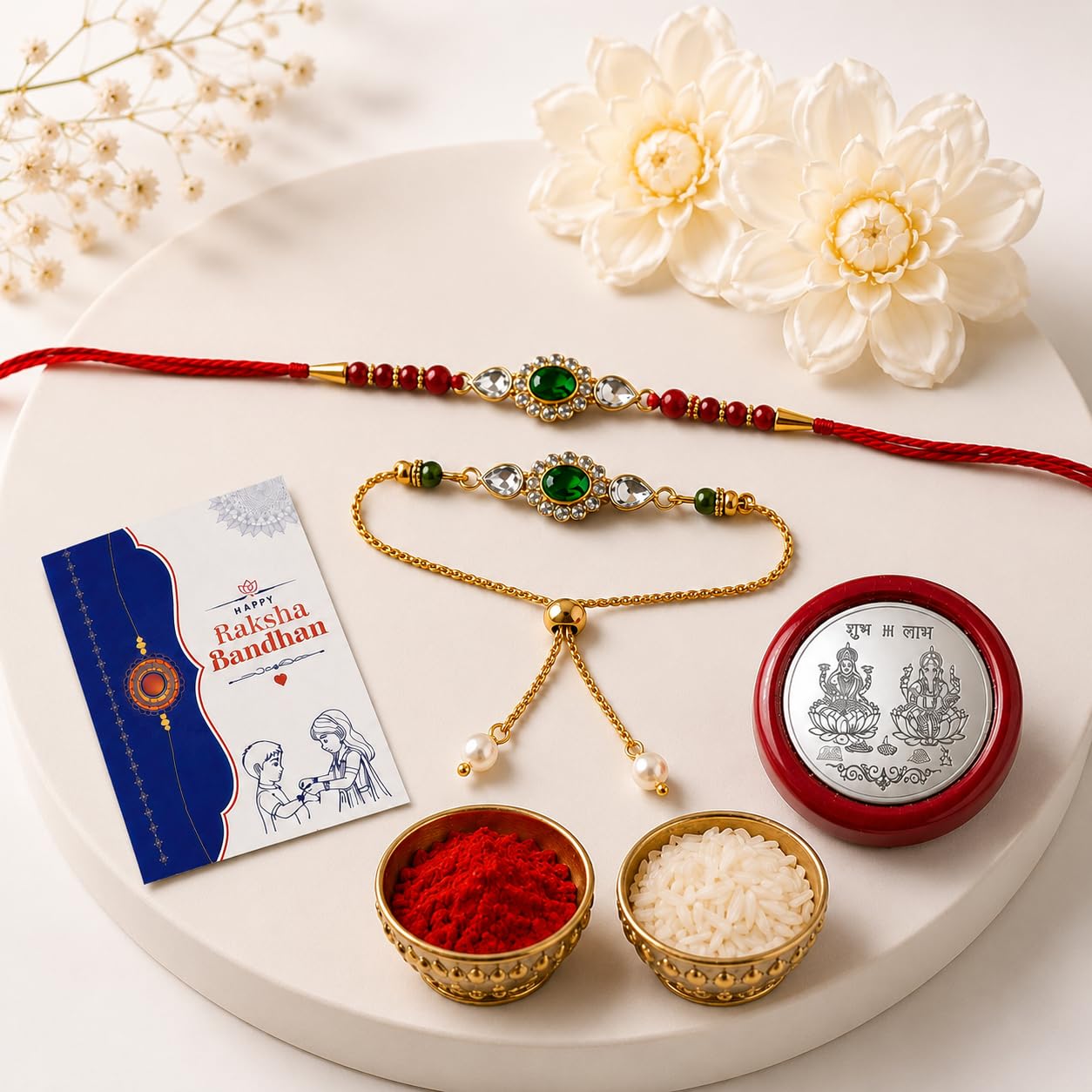 Ethnic Multicolor Stone Bead Diamond Rakhi for Brother with Roli Tikka, Pack of 4