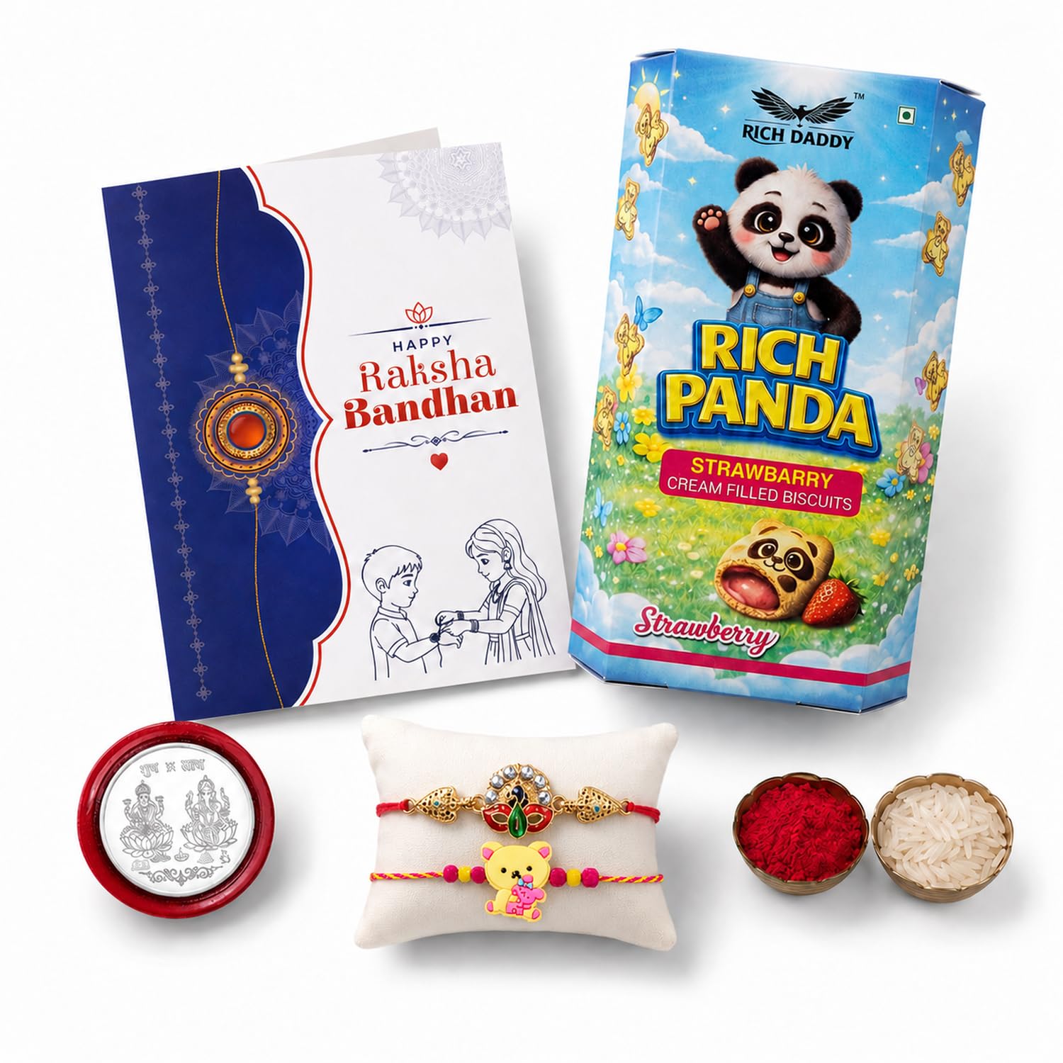 Kids Rakhi for Brother with Strawberry Biscuit 60gm, Coin & Card | Pack of 6