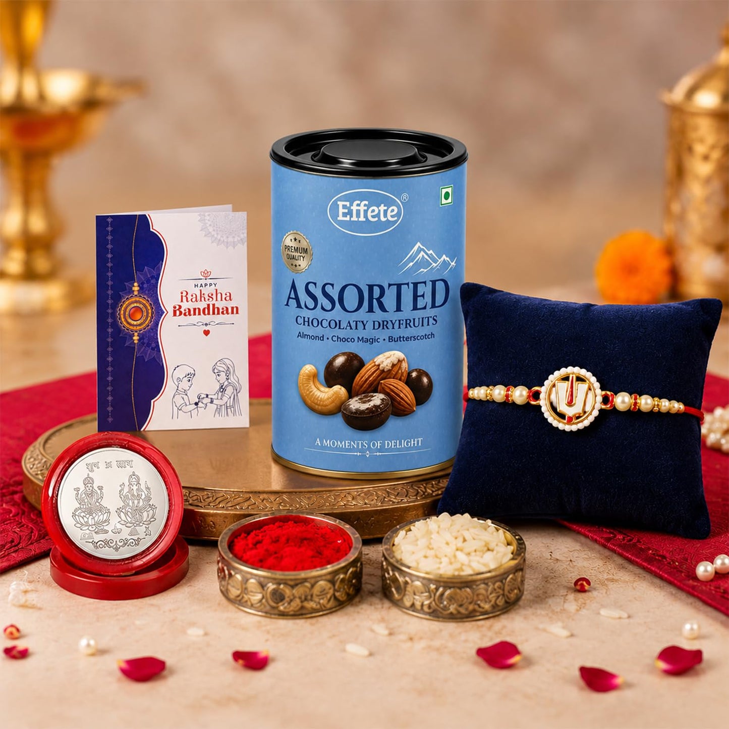 Balaji Symbol Rakhi for Brother with Choco Dryfruits 96gm, Coin & Card, Pack of 5
