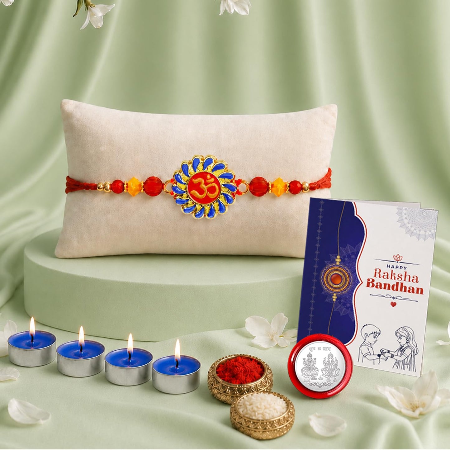Om Rakhi for Brother with Candles 4pcs, Roli Tikka, Pooja Coin & Card, Pack of 5
