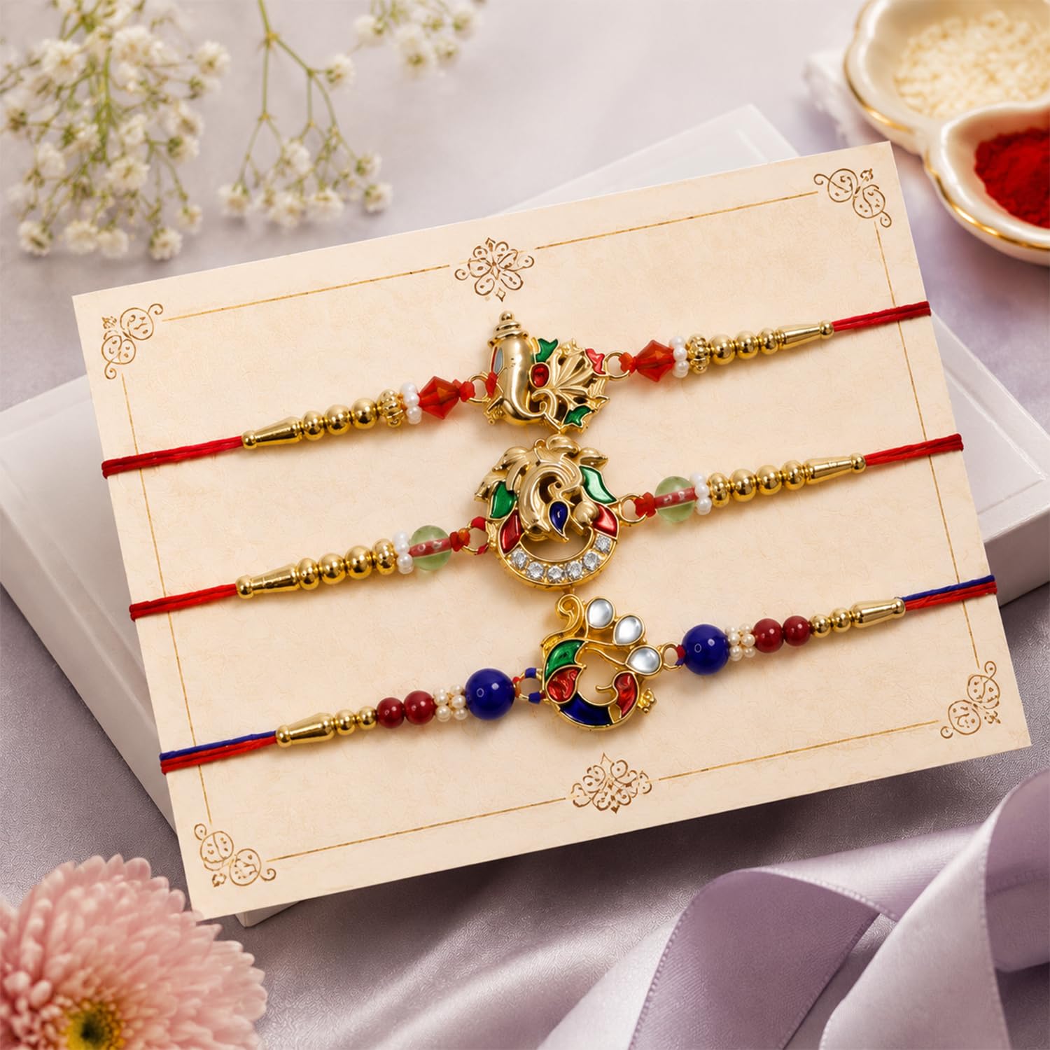 Golden Color, Bird Multicolor Rakhi for Brother & Bhaiya with Peacock | Pack of 7