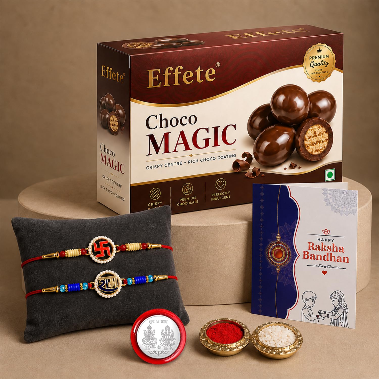 Swastika Rakhi for Brother with Choco Magic 96gm, Roli Tikka & Card | Pack of 6