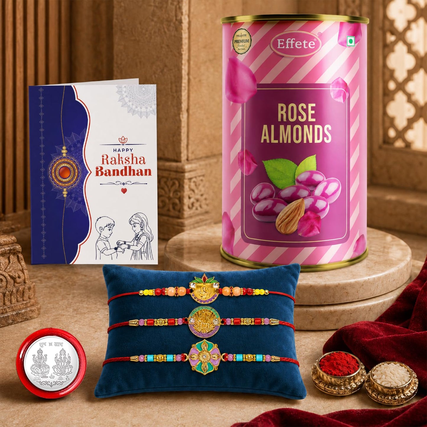 Ganesha Rakhi for Brother with Rose Almond 96gm, Roli Tikka & Card, Pack of 7