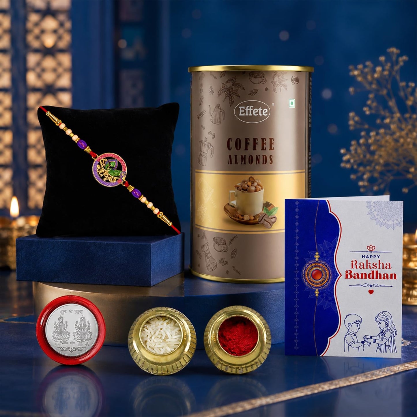 Rakhi with Chocolate for Brother – Brother Special Raksha Bandhan Combo with Rakhi, Chocolate, Greeting Card, Roli Chawal & Silver Color Coin (Pack of 5)