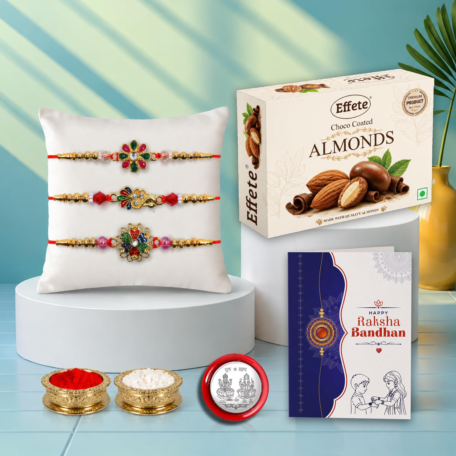 Flower Rakhi for Brother with Choco Almonds 32gm, Roli Tikka & Card | Pack of 7