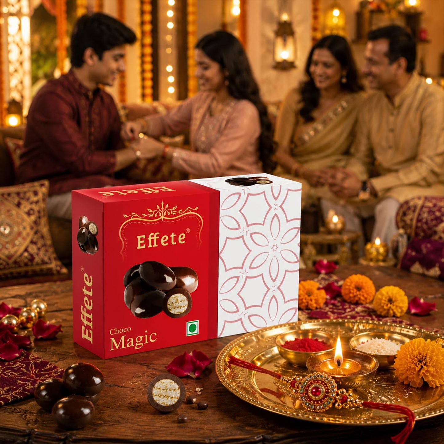 A red and white chocolate box, chocolates, and a gold tray with a Rakhi, a candle, and powders sit on a table with people in
