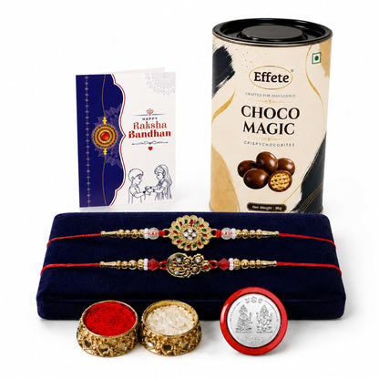 Floral Rakhi for Brother with Chocolate Magic 96gm, Roli Tikka & Card, Pack of 6