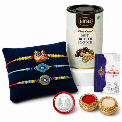Radhe Krishna Rakhi Combo - Raksha Bandhan Gift with Choco Butterscotch 96gm, Pack of 7