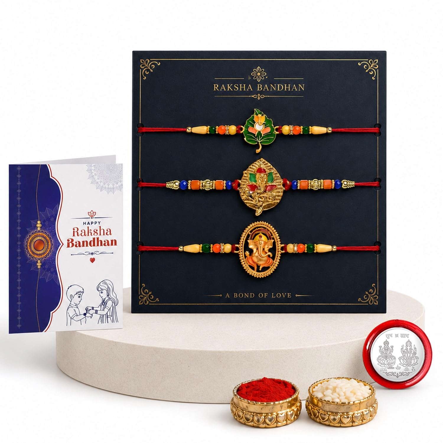 Krishna Beads Rakhi for Brother with Tilak Set, Pooja Coin & Card, Rakhi Set (V2)