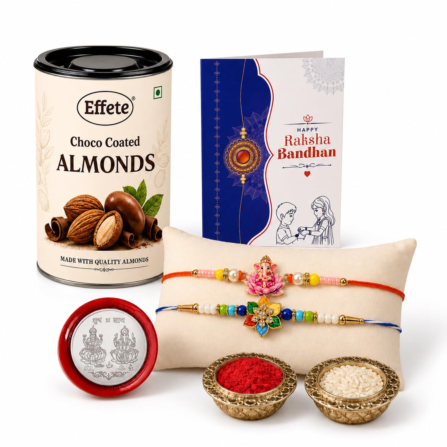 Flower, Ganesha Rakhi Combo - Raksha Bandhan Gift with Choco Almonds 96gm, Pack of 6