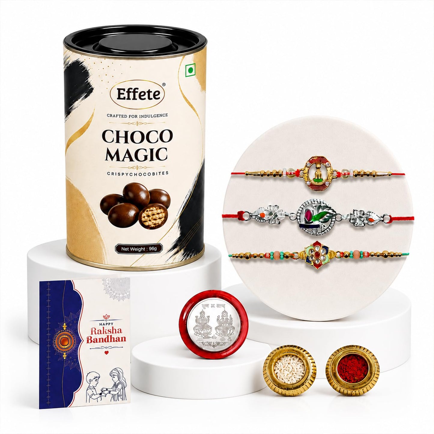 Kundan Rakhi for Brother with Chocolate Magic 96gm, Roli Tikka & Card | Pack of 7