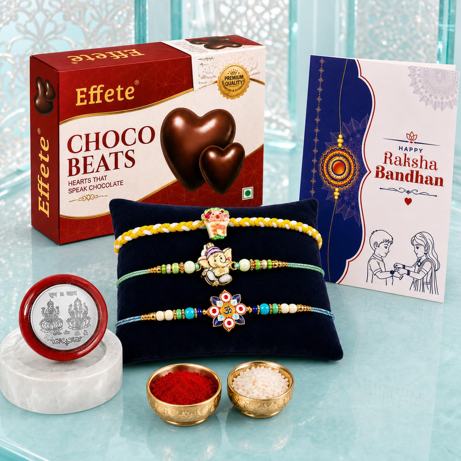 Evil Eye Rakhi for Brother with Choco Beats 32gm, Roli Tikka & Card | Pack of 7
