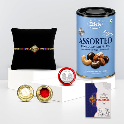 Elegant Rakhi for Brother with Choco Dryfruits 96gm, Coin & Card, Pack of 5