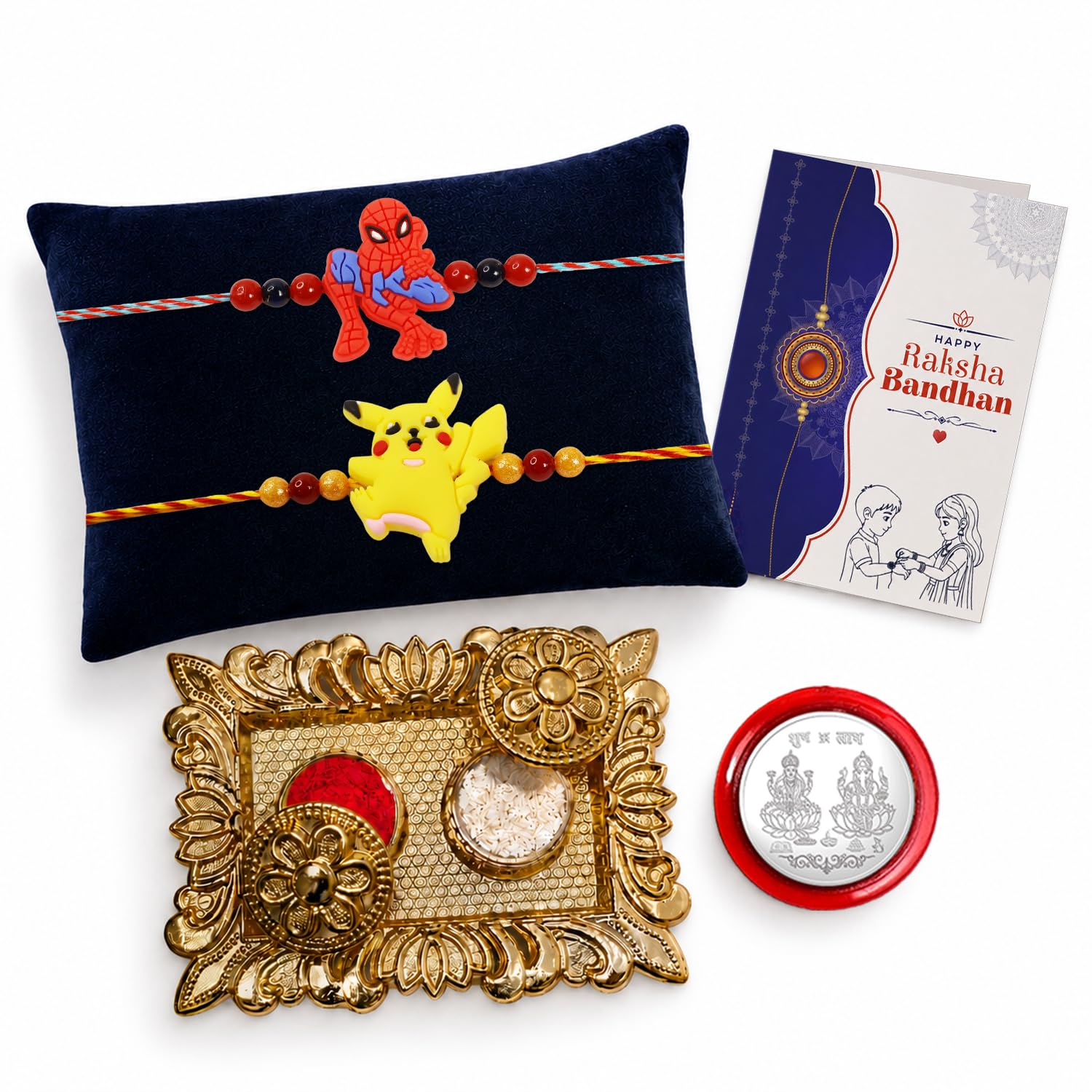 Spider-Man Rakhi for Brother with Pooja Thali, Roli Tikka & Card, Pack of 6