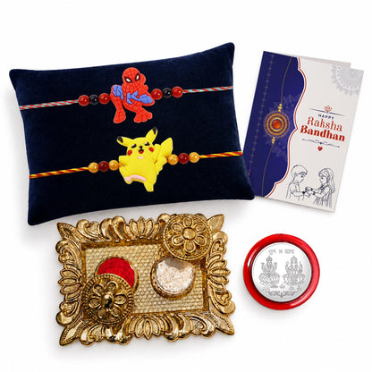 Spider-Man Rakhi for Brother with Pooja Thali, Roli Tikka & Card, Pack of 6