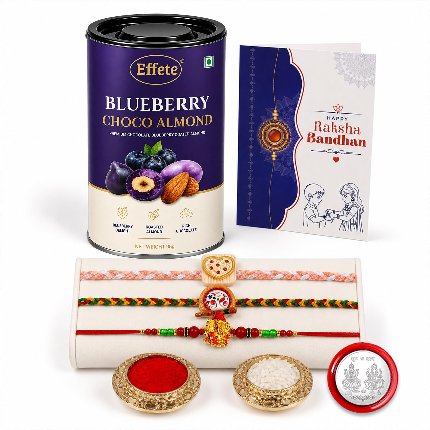 Heart-shaped Rakhi for Brother with Blueberry Almond 96gm, Roli Tikka | Pack of 7