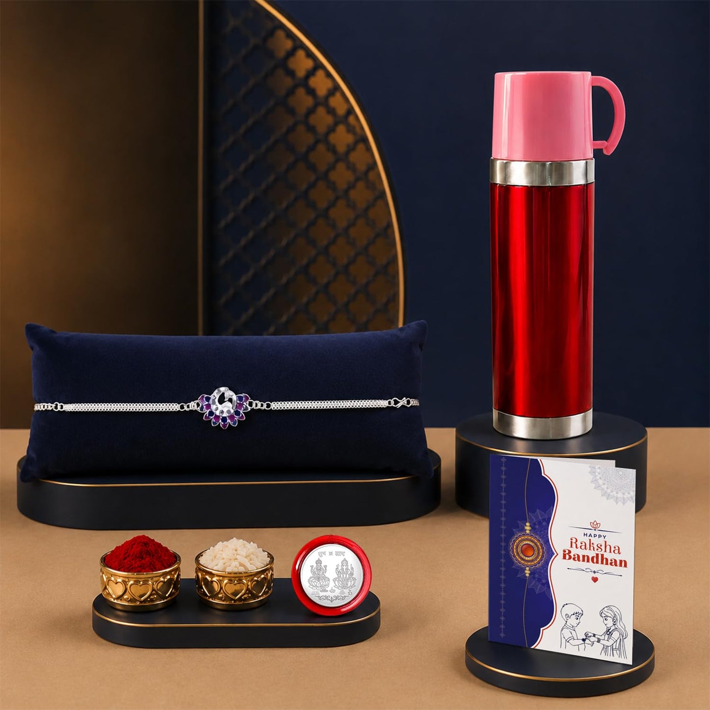 Peacock Rakhi for Brother with Travel Mug - Raksha Bandhan Gift Set, Pack of 5