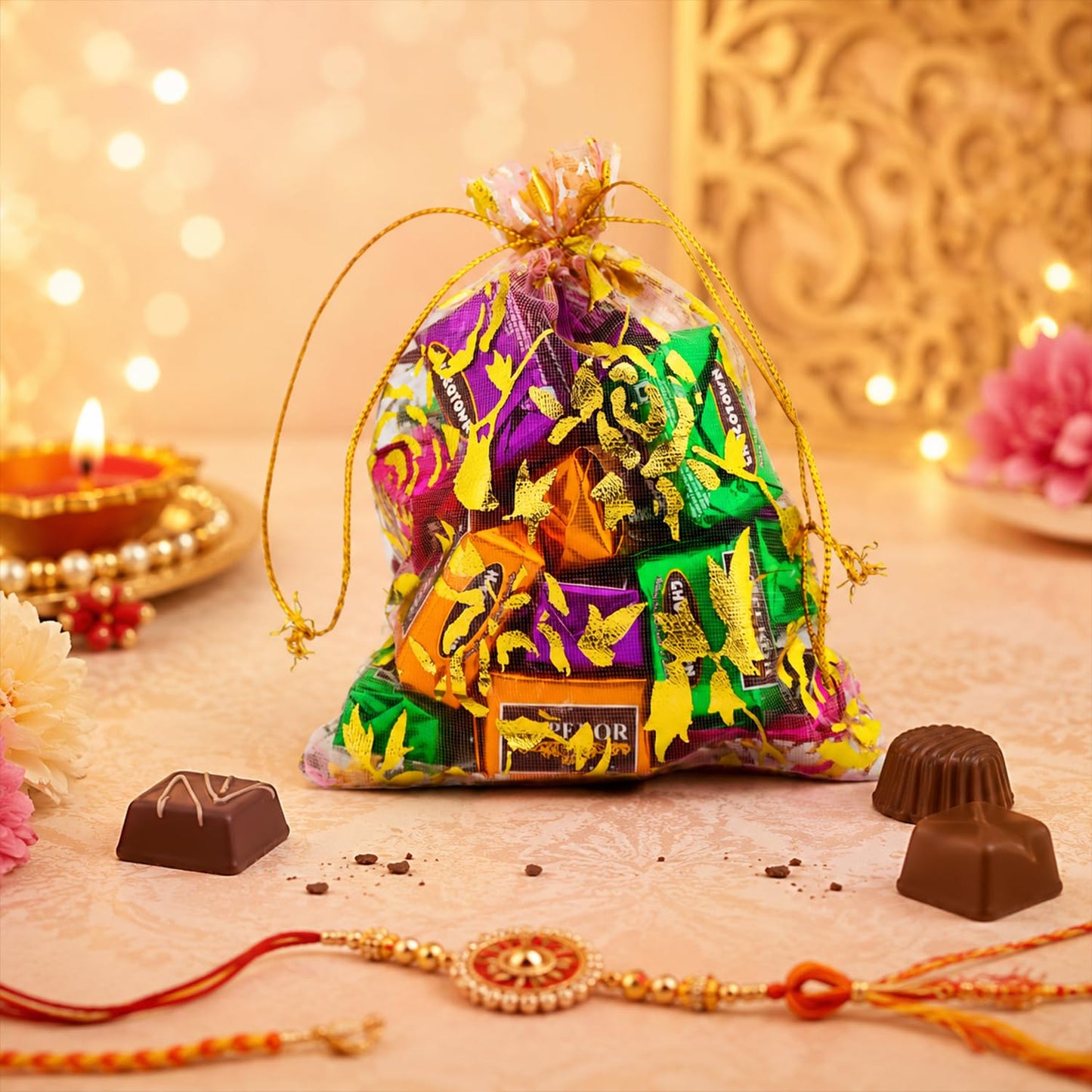 Floral Rakhi for Brother with Assorted Treats 10pcs, Roli Tikka & Card, Pack of 5