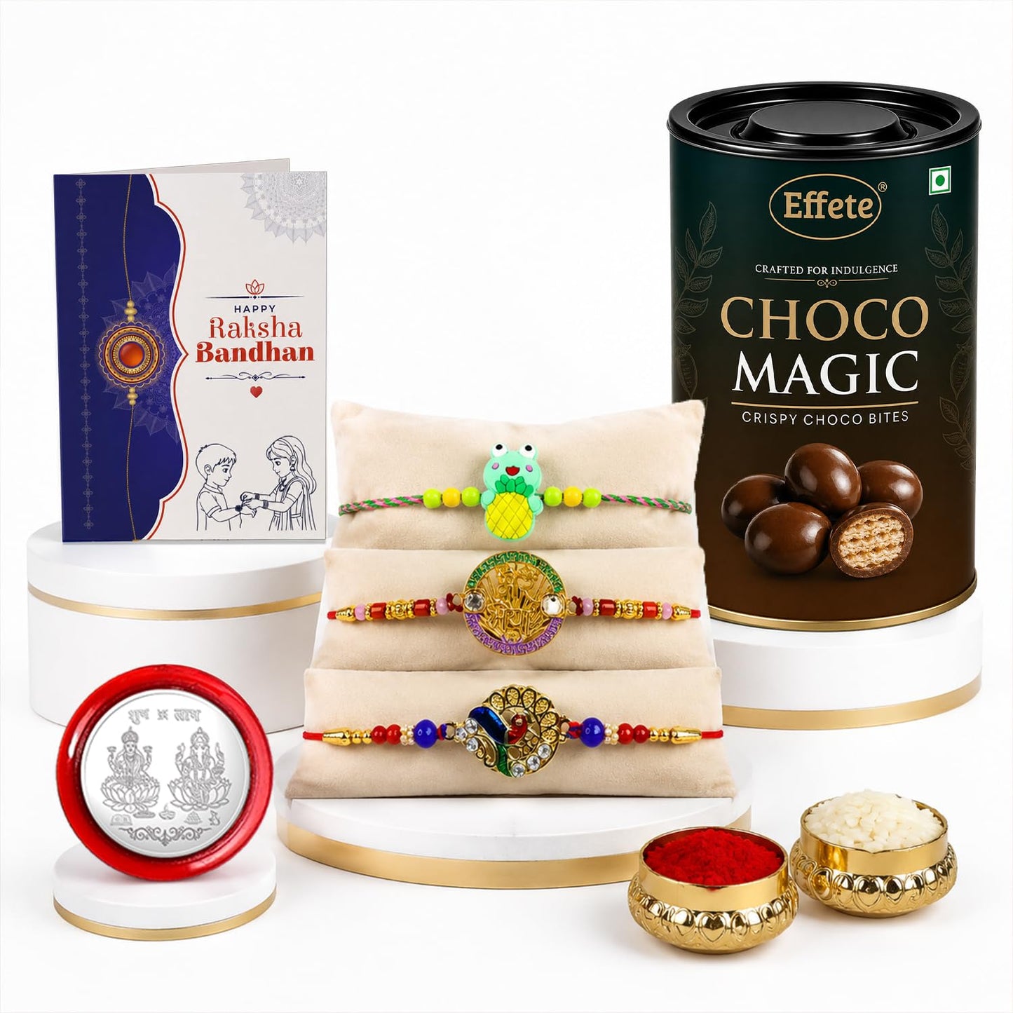 Frog Rakhi for Brother with Chocolate Magic 96gm, Roli Tikka & Card, Pack of 7