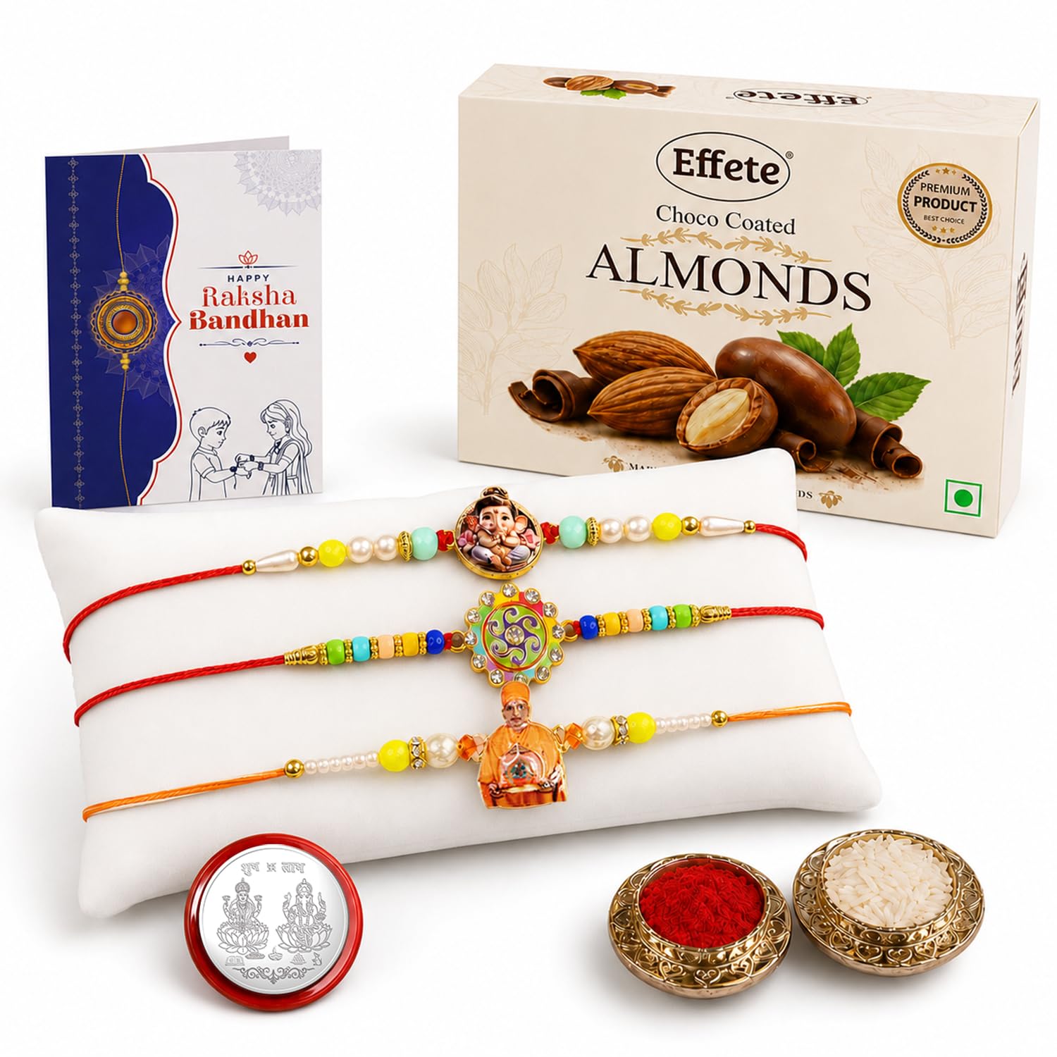Swami Maharaj Rakhi Combo - Raksha Bandhan Gift with Choco Almonds 32gm, Pack of 7