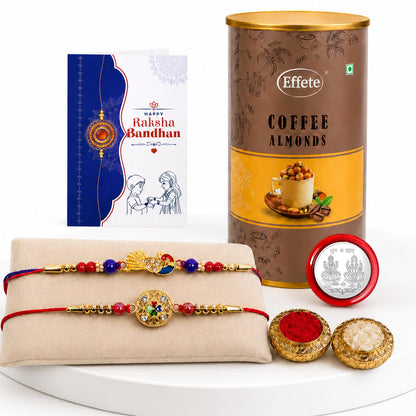 Peacock, Kundan Multicolor Rakhi & Coffee Almond 96gm with Roli Chawal, Silver Color Pooja Coin & Greeting Card, Rakshbandhan Combo, Rakhi & Chocolate, Pack of 6 For Raksha Bandhan