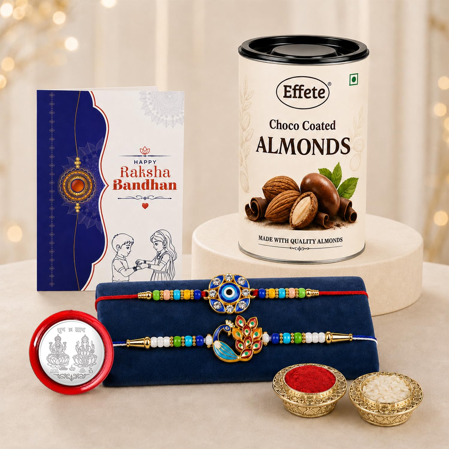 Evil Eye, Peacock Rakhi Combo - Raksha Bandhan Gift with Choco Almonds 96gm, Pack of 6