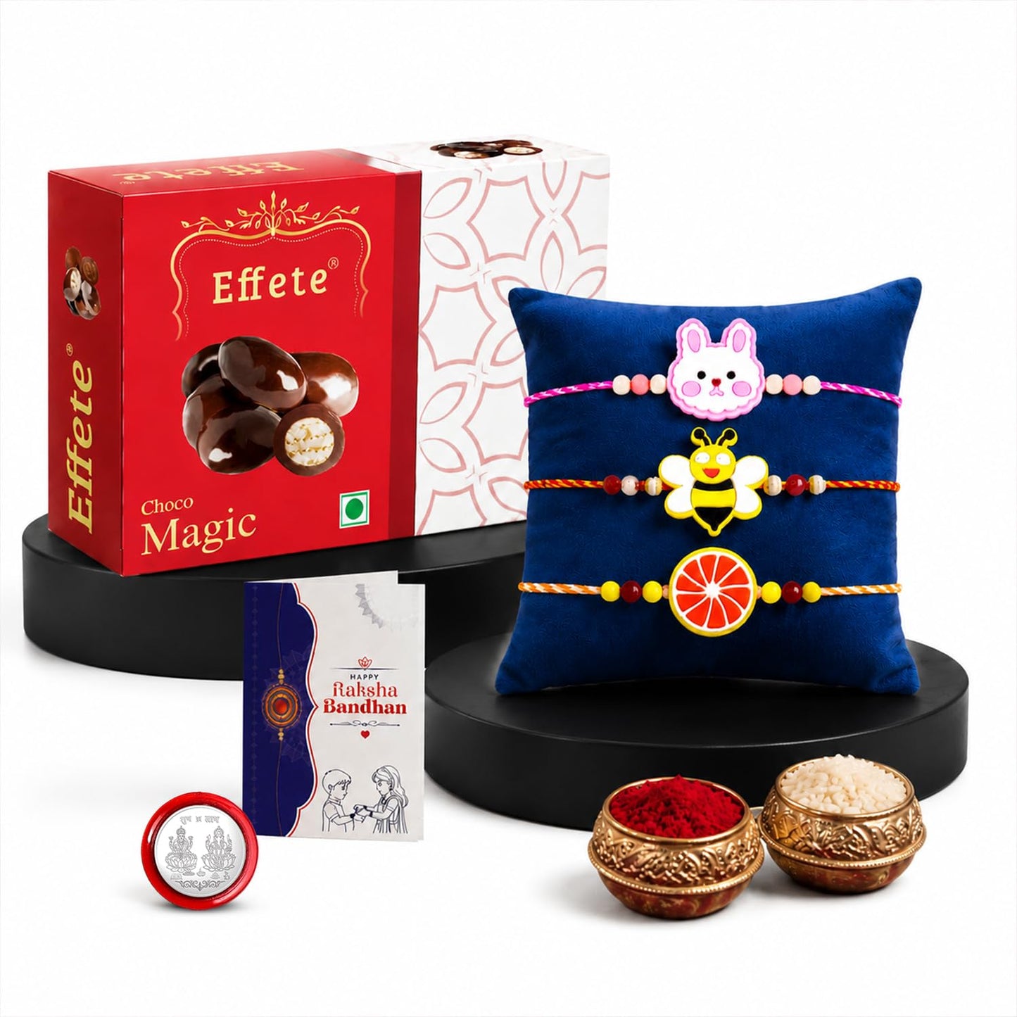 Kids Rakhi for Brother with Chocolate Magic 32gm, Roli Tikka & Card, Pack of 7