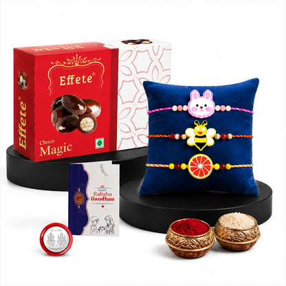 Kids Rakhi for Brother with Chocolate Magic 32gm, Roli Tikka & Card, Pack of 7