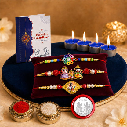 Flower Rakhi for Brother with Candles 4pcs, Roli Tikka & Greeting Card, Pack of 7