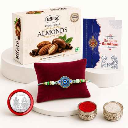 Evil Eye Rakhi for Brother with Choco Almonds 32gm, Roli Tikka & Card, Pack of 5