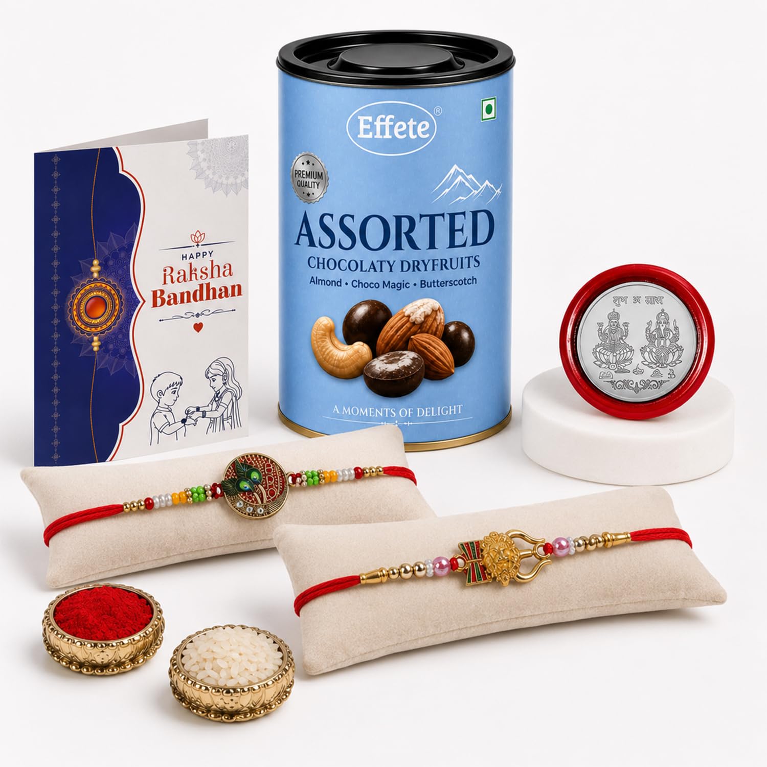 Peacock Rakhi for Brother with Choco Dryfruits 96gm, Coin & Card | Pack of 6