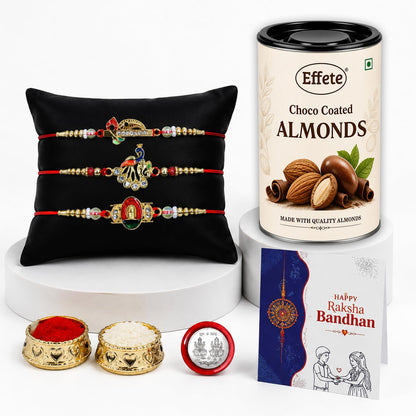 Rainbow color Rakhi for Brother with Choco Almonds 96gm, Coin & Card, Pack of 7