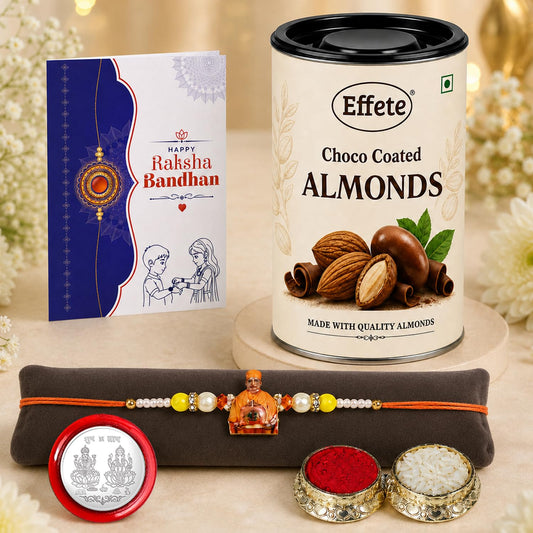 Swami Maharaj Rakhi for Brother with Choco Almonds 96gm, Coin & Card, Pack of 5