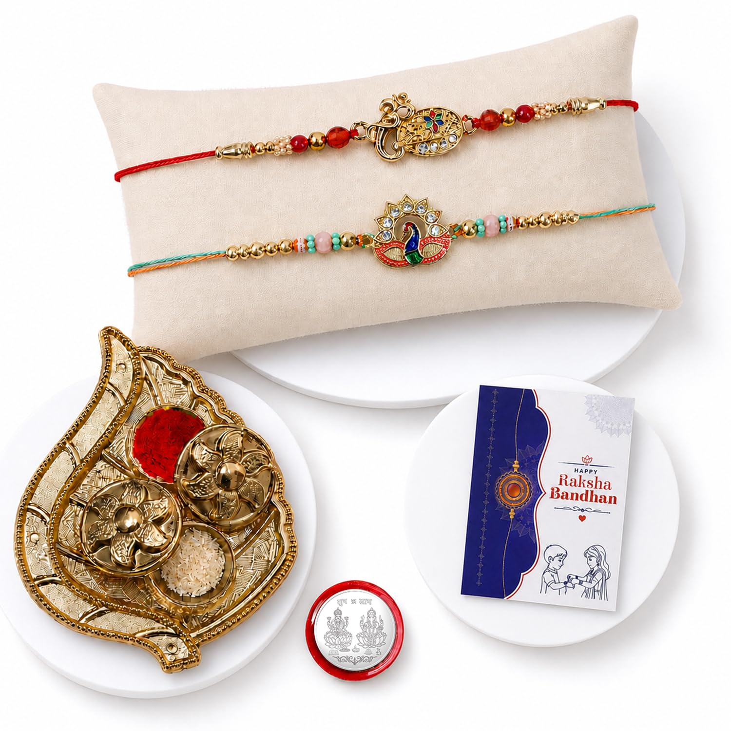 Om Rakhi for Brother with Pooja Thali, Roli Tikka, Pooja Coin & Card, Pack of 6