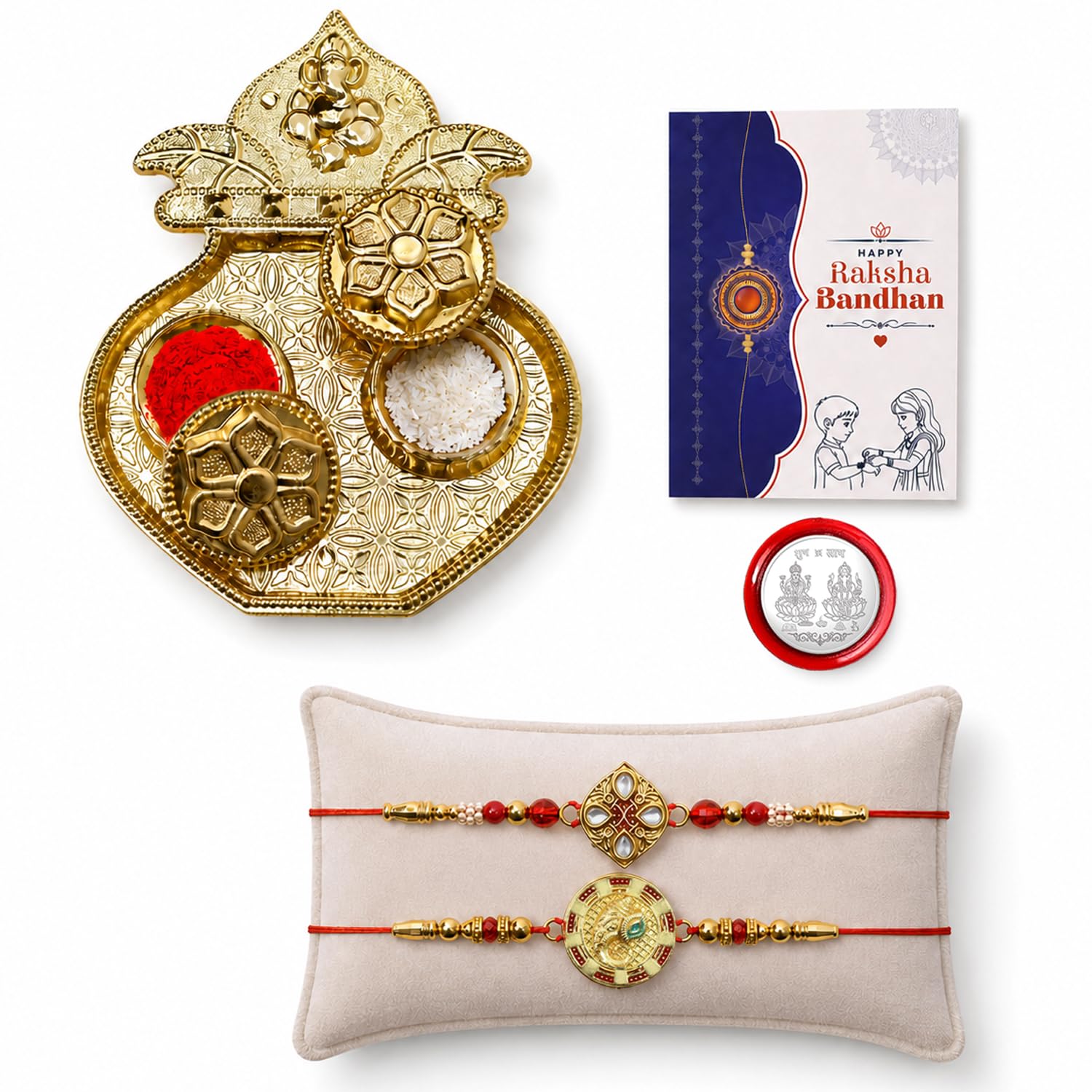 Multicolor Kundan, Ganesha Face Bracelet/Rakhi & Kalash Shape Pooja Thali with Silver Color Pooja Coin, Tikka/Tilak Set & Greeting Card, Rakhi Gift Hamper (Pack of 6) For Raksha Bandhan