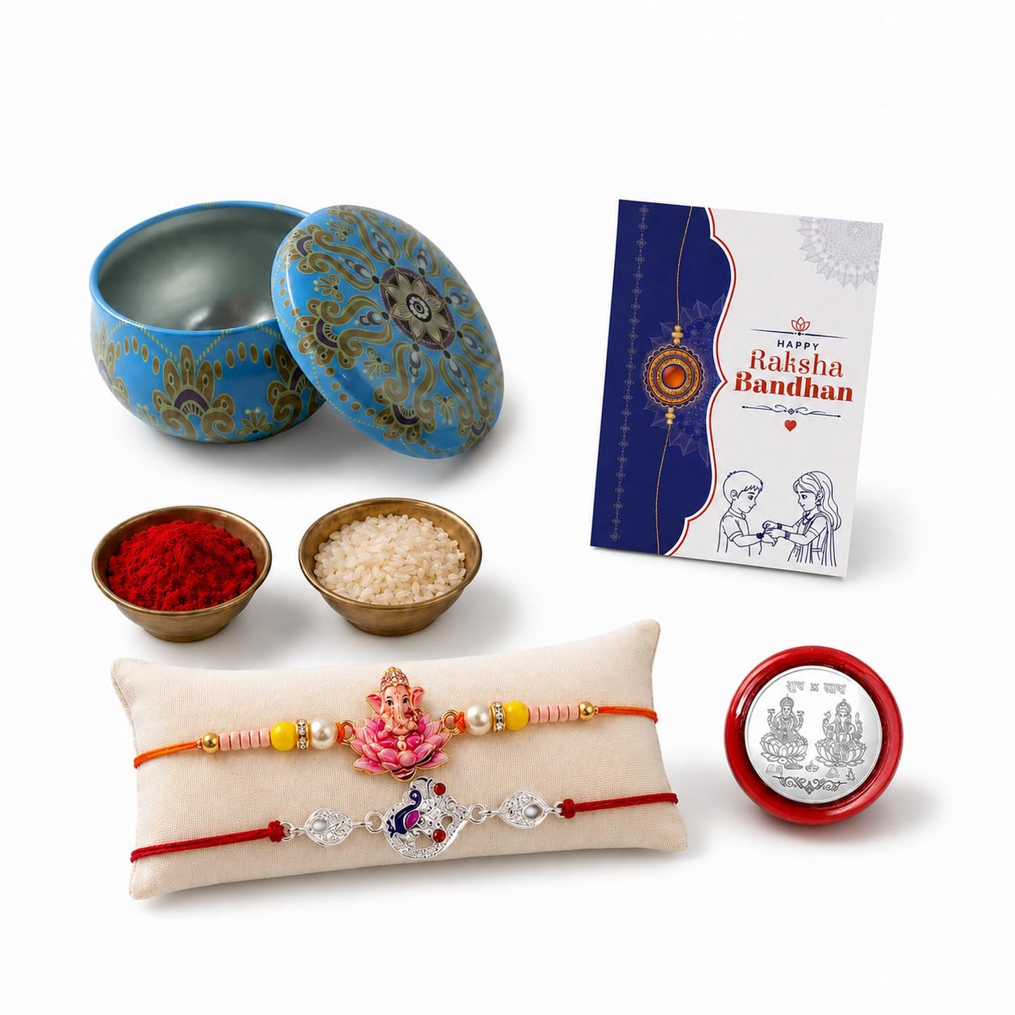 Silver Peacock, Ganesha Multicolor Rakhi for Brother & Bhaiya | Pack of 6